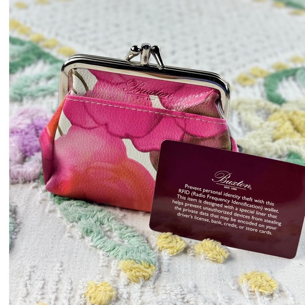 Buxton Pink Floral RFID Triple Frame Coin Purse Kiss Lock Wallet 202P40
